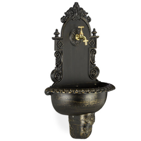 Relaxdays XL antique wall fountain with tap, nostalgic garden washbasin, cast aluminium, HWD 75 x 44 x 22 cm, black