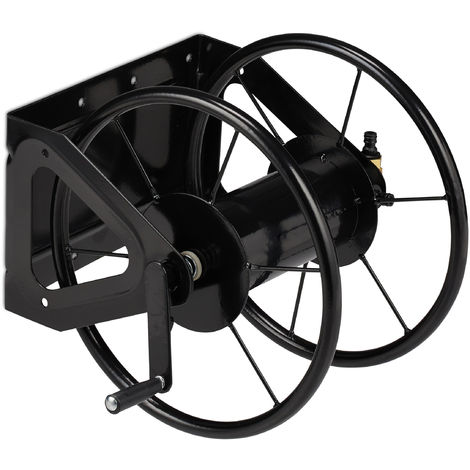 Relaxdays Hosepipe Reel Wall-mounted, Holder With Crank, For 60 m Hose Pipes, Steel, HWD: 41,.5 x 54 x 45 cm, Black