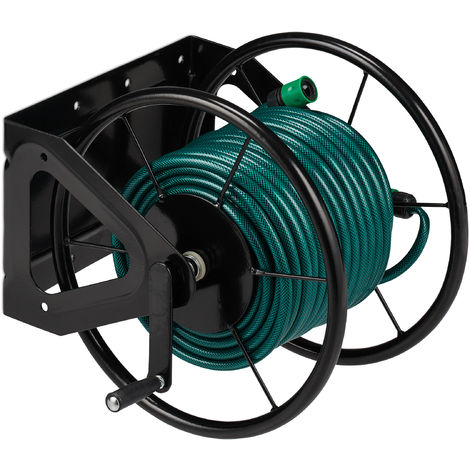 Relaxdays Hosepipe Reel Wall-mounted, Holder With Crank, For 60 m Hose  Pipes, Steel, HWD: 41,.