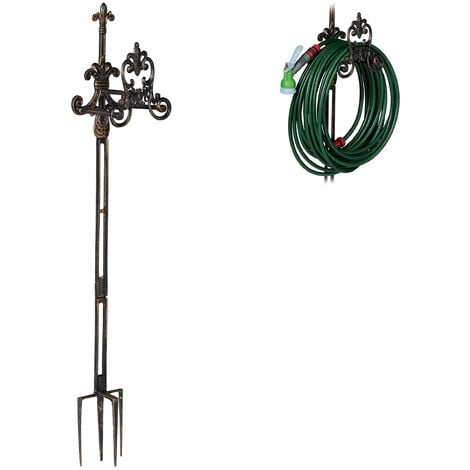 Relaxdays Hose Hanger Wrought Iron, Hosepipe Rack Holder With Ground  Spikes, HWD 133 x 24 x