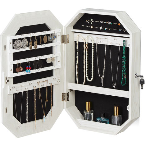 Relaxdays Suspended Jewellery Case with Mirror, Lockable, Wall-Mounted Organiser, H x W x D: 57.5 x 37.5 x 10cm White