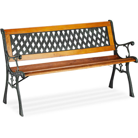 Relaxdays 2-Seater Garden Bench, Decorative Backrest, Cast Iron, Wood, Park Bench, HxWxD 73 x 125 x 52 cm, Natural