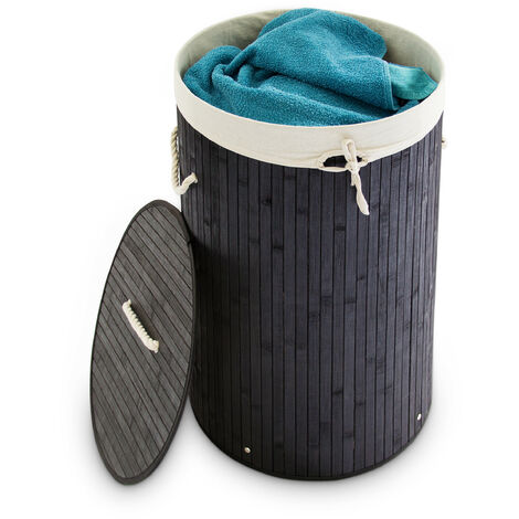 Relaxdays Folding Round Laundry Basket, 41 cm Diameter, 65 cm Tall, Foldable, Volume of 80 L, with Cotton Laundry Sack, Black