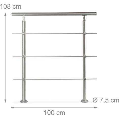 Relaxdays Stainless Steel Handrail Set, for Indoors and Outdoors, Bannister, 1.0 m Long, 2 Posts, 3 Crossbars, Silver