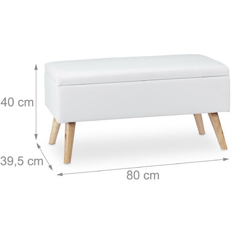 Relaxdays Hallway Storage Bench, 40L, Padded Faux Leather Trunk, Wooden Legs, HxWxD: 40 x 80 x 39.5 cm, White