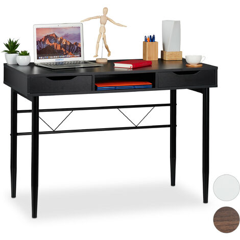 Relaxdays Writing Desk with Drawers & Compartment, Modern, Metal Frame, Office Desk HWD 77x110x55 cm, Black