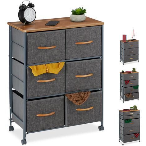 Relaxdays Chest of Drawers on Castors, 6 Fabric Drawers, Decor Fabric Stand, Wood Look, HWD 74.5 x 58 x 30 cm, Grey