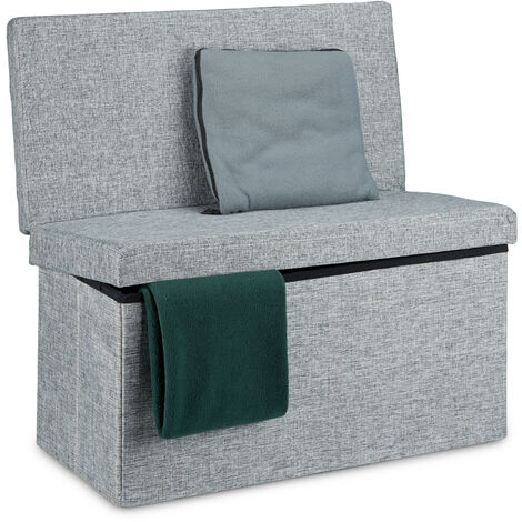 Relaxdays Folding Storage Ottoman with Seat Back Size Large 73 x 76 x 38 cm Bench with Storage Space Sturdy Linen Stool with Removable Lid, Grey