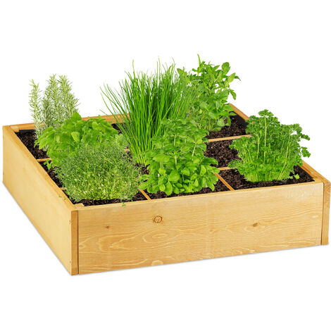 Relaxdays wooden raised bed, square, 9 compartments, fleece liner, cold frame for garden, patio, 60x60x15 cm (LxWxH)