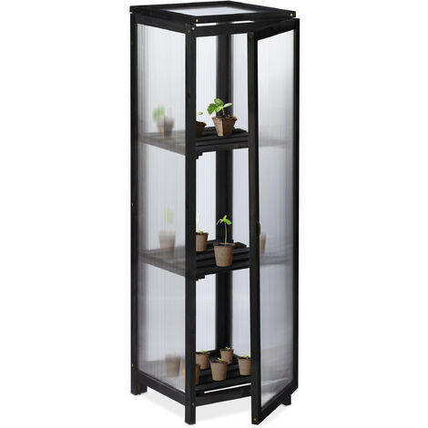 Relaxdays wooden greenhouse, cold frame, outdoor, 3 shelves, 36x36x120 cm (LxWxH), door and top window, plants, black