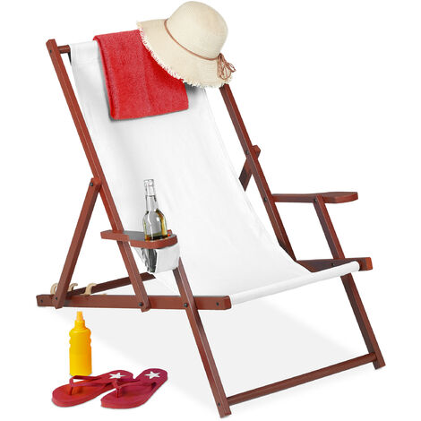 Relaxdays folding deck chair, wooden, 3 reclining positions, armrest & drinks holder, 120 kg, beach chair, white
