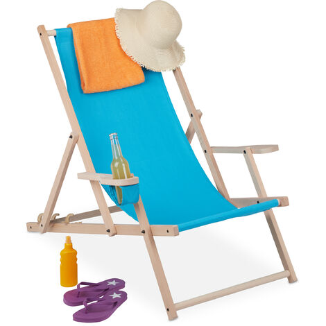 Relaxdays folding deck chair, wooden, 3 reclining positions, armrest & drinks holder, 120 kg, beach chair, light blue