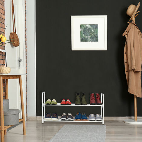 Relaxdays plug-in shoe rack, metal shoe organiser, shoe storage, 2 tiers for 8 pairs of shoes, metal & plastic, white
