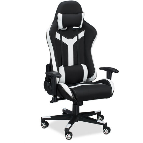 Relaxdays Gaming Chair XR10, Office Desk Swivel Chair for Gamers, 120 kg Capacity, Adjustable, Professional, Black-White