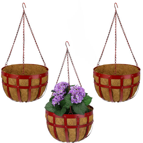 Relaxdays hanging baskets, set of 3, with coco liner, metal outdoor planter with hook, size 75 x 35 cm, in red