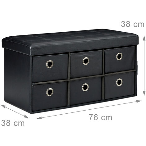 Relaxdays Folding Storage Ottoman Foldaway Seat with 6 Removable Compartments, 38 x 76 x 38 cm, Faux Leather Foldable Blanket Toy Storage Box Seat Bench Pouffe Stool, Black