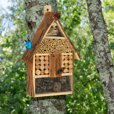 Relaxdays insect hotel, house-shaped bee nesting box, with different materials, for the garden or terrace, natural wood