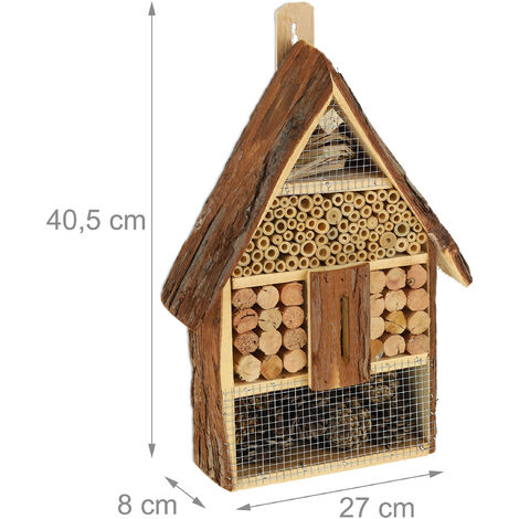 Relaxdays insect hotel, house-shaped bee nesting box, with different materials, for the garden or terrace, natural wood