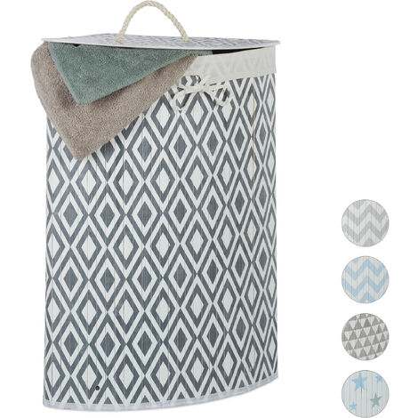 Relaxdays Bamboo Corner Laundry Hamper, Folding, Diamond, 60L, Lidded, Laundry Bag, 65.5 x 49.5 x 37 cm, White-Grey
