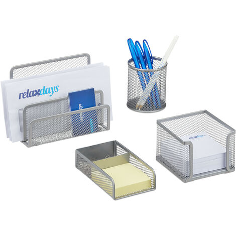 Relaxdays Desk Organizer Set of 4, Letter Rack, Pen Holder, Note Box and Paperclip Holder, Mesh, Silver