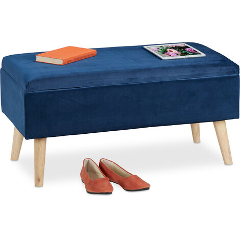 Relaxdays ottoman storage bench, velvet upholstery, 40l capacity, padded seat, wooden legs, seating furniture, dark blue