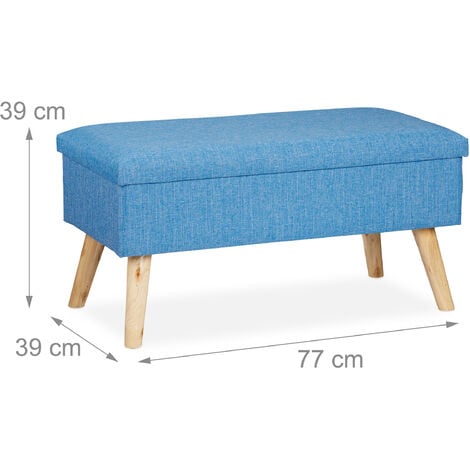 Relaxdays Storage Ottoman Bench, Padded Seat Bench, Wooden Legs, for Hallway & Living Room, HxWxD: 39 x 77 x 39 cm, Blue