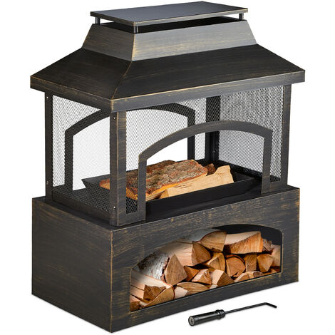 Relaxdays steel fire pit, chiminea, log burner with poker, for terrace & patio, outdoor fireplace, black