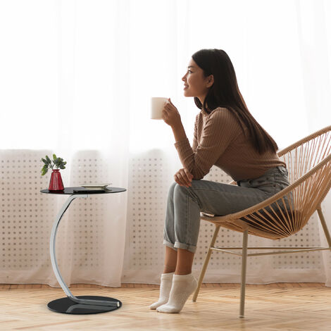 Relaxdays side table, round, glass tabletop, steel base, modern design, end table for the couch, black