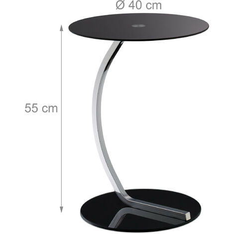 Relaxdays side table, round, glass tabletop, steel base, modern design, end table for the couch, black