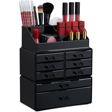 Relaxdays Makeup Organizer with Drawers, Stacking Makeup and Jewellery Box, Acrylic Cosmetic Kit, Black