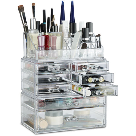 Relaxdays Makeup Organizer with Drawers, Stacking Makeup and Jewellery Box, Acrylic Cosmetic Kit, Transparent