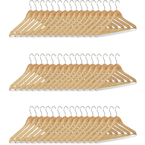 Relaxdays Coat Hanger Set of 48, Wooden Trouser Hangers, Clothes Hangers with Swivel Hooks H x W: 22.5 x 44.5 cm, Natural,/Silver