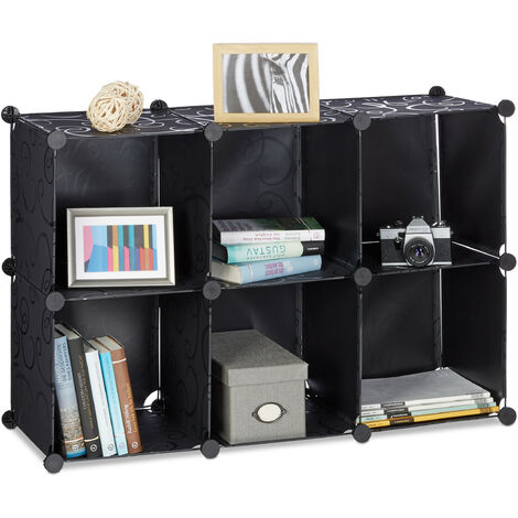 Relaxdays Shelving System with 6 Compartments, Open Standing Shelf, Modular Plastic Wardrobe, H x W x D: 65 x 96 x 32 cm, Black