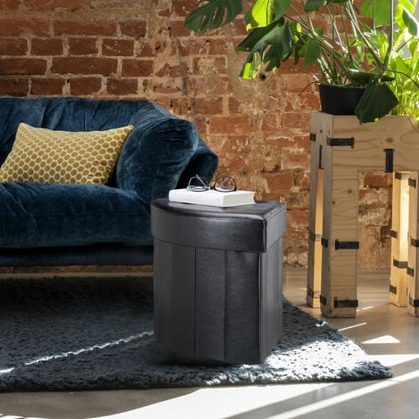 Relaxdays Corner Storage Ottoman, Folding Padded Stool with Storage Space, Modern Footstool HWD 38 x 38 x 38 cm, Black