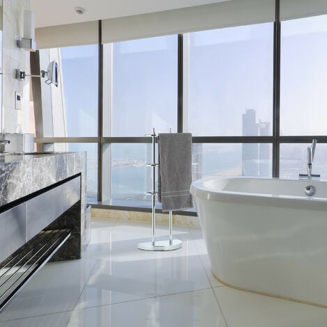 Relaxdays Chrome Towel Rack, 3 Tiers, Half-Round Base, Freestanding Towel Holder, Metal, HWD: 83x40x18 cm, Silver