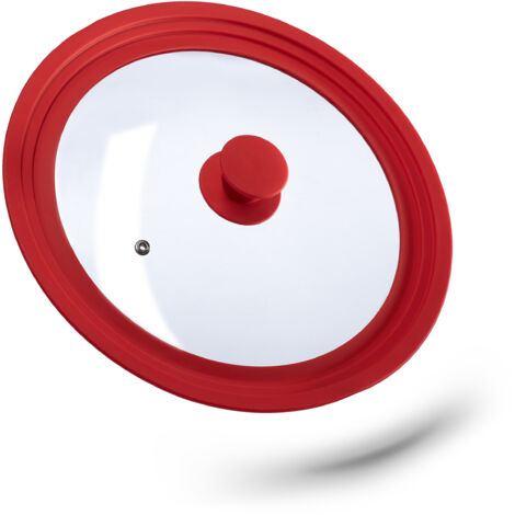 Relaxdays Saucepan Lid Universal, Glass Cover, Stepped Silicone Rim, Pots & Pans 26-30 cm, 5 x 31.5 cm, Red