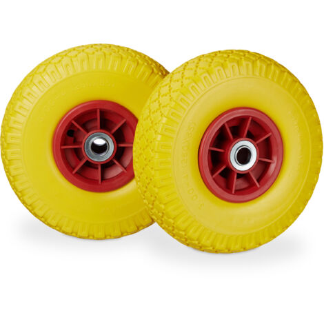 Set of 4 Relaxdays Hand Truck Tyres, Non-Flat Solid Rubber Wheels, 3.00-4”, 20mm Axle, 80 kg, 260 x 85 mm, Yellow/Red