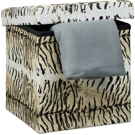 Relaxdays Folding Seat Box Ottoman 38 cm Sturdy Seat Cube with Trendy Motifs as Practical Footrest with Cofortable Faux Leather Cover for Storage Box Pouffe with Removable Lid, Beige Tiger
