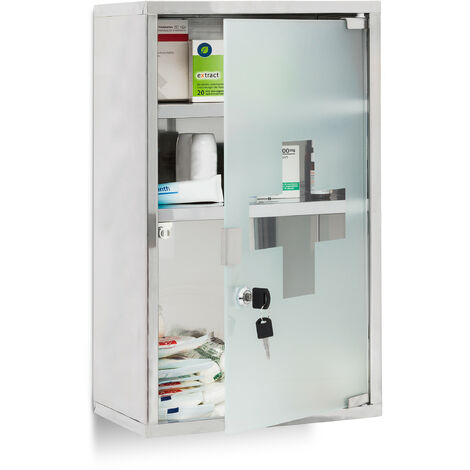 Stainless Steel Silver Corner Mount Medicine Cabinet with 3 Storage Shelf,  Locking Frosted Glass Door and Keys