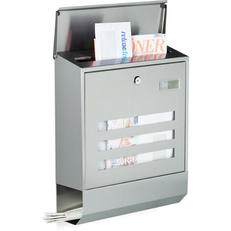 Relaxdays Stainless Steel Letterbox with Newspaper Slot, Name Plate, HxWxD: 42 x 35 x 12.5 cm, Mailbox, Design, Silver