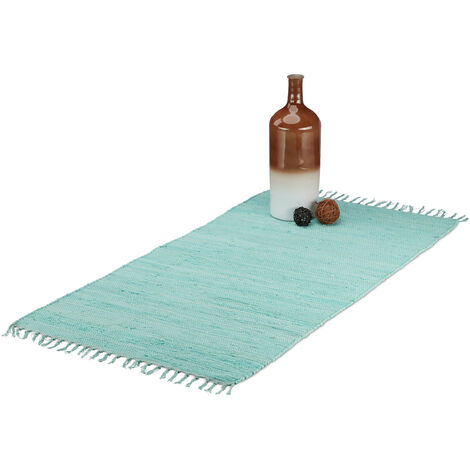 Relaxdays Rag Rug With Fringes Handwoven Carpet Runner Woven Cotton Area 70x140 Cm Light Blue