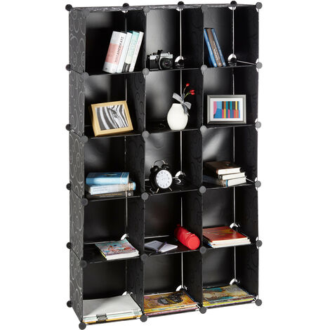 Relaxdays Modular Plastic Shelf, Expandable Shelving System, 15 Durable Compartments, Individual Standing Shelf, Black