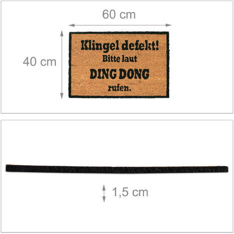 Relaxdays Doormat DING DONG, Coir Door Mat, No-Slip Outdoor Rug, Welcome Mat, PVC, 40x60 cm, Natural/Black