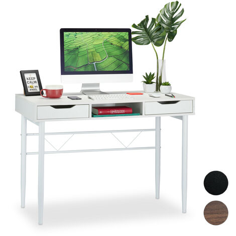 Relaxdays Writing Desk with Drawers & Compartment, Modern, Metal Frame, Office Desk HWD 77x110x55 cm, White