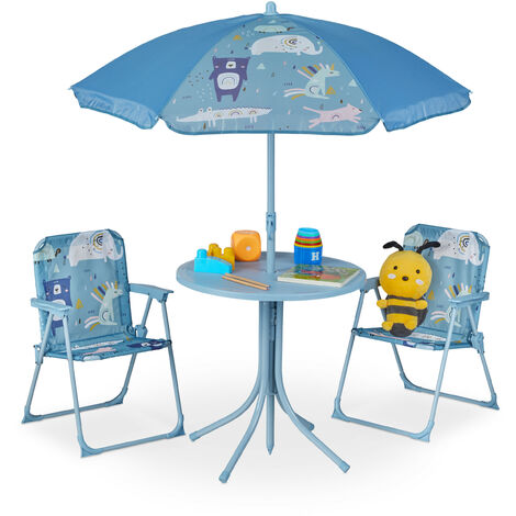 Relaxdays Children’s Camping Furniture Set with Parasol, Folding Chairs & Table, Kids’ Garden Ensemble, Assorted