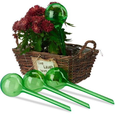 Set of 12 Relaxdays Watering Globes, Regulated Irrigation, 2 Weeks, Pot Plants, Plastic Sphere, Bulb, Green