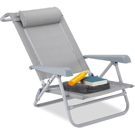 Relaxdays Folding Deck Chair, Neck Cushion, Bottle Opener, Adjustable Armrests, 120 kg, Textilene Fabric, Gray