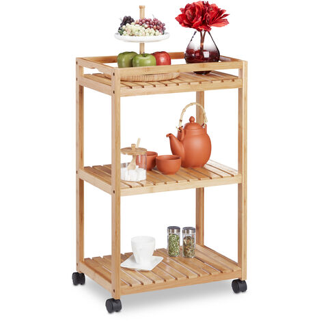 Relaxdays Bamboo Serving Trolley, 3-Tier Kitchen Cart, Plastic Casters with Brakes, HxWxD: 77 x 47 x 32.5 cm, Natural
