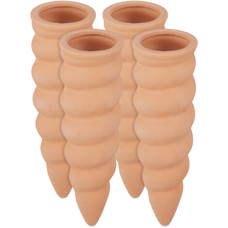 Relaxdays Clay Watering Cones, Set of 4, Plant Irrigation Kit, 1.5L Bottles, HxD 16.5 x 5 cm, Terracotta