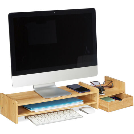 Relaxdays Monitor Stand Bamboo, Screen Raiser with Compartments, HWD 12x70x19cm, Display Base Desk, Natural Wood Colour